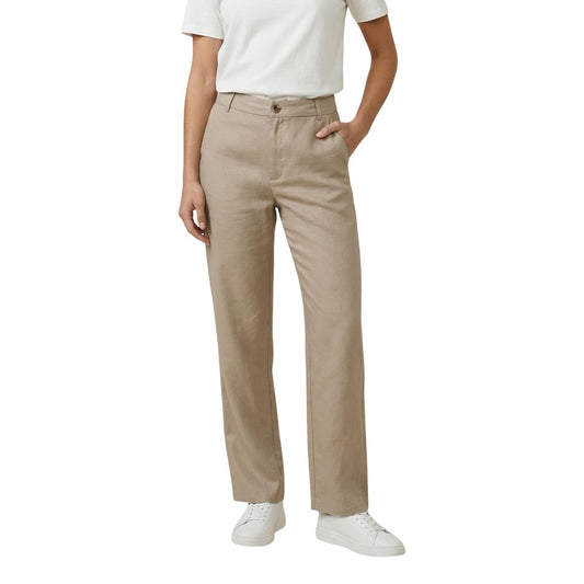 Trousers by Only for women in polyester & viscose beige features a sculptural silhouette, showcasing a sculptural straight, relaxed-fit & regular-fit and long with a sophisticated mid rise for a sculptural finish.