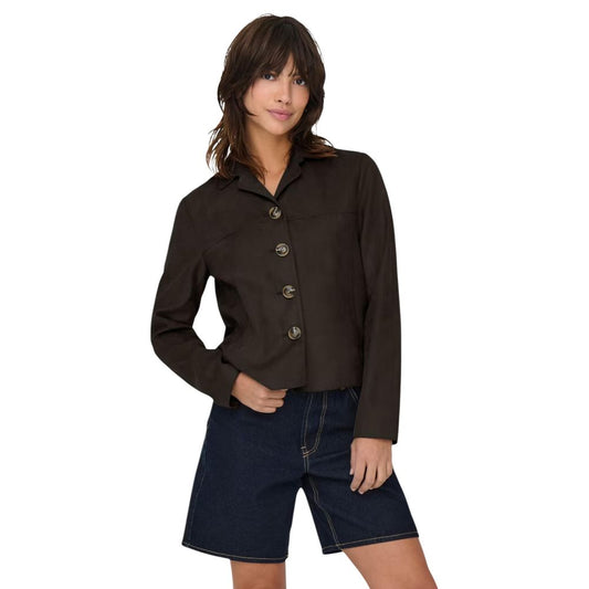 Overcoat by Jacqueline De Yong for women in polyester suede leather brown features a contemporary silhouette showcasing a contemporary and refined lightweight for a sophisticated finish.