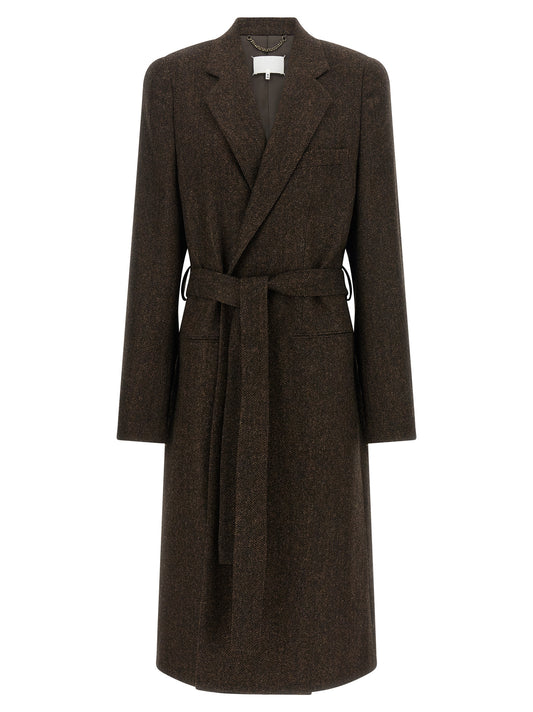 Overcoat by Maison Margiela for men in wool brown, herringbone & signature features a cosy chic silhouette, artfully detailed with a sophisticated split neckline and premium pockets for a cosy chic finish.