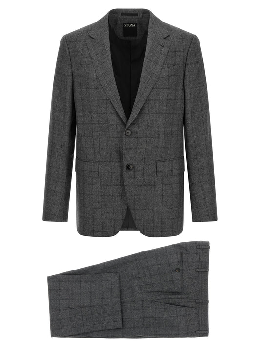 Pant Suit by ZEGNA for men in flannel & wool gray & patterned presents a sharp silhouette, artfully finished with a sharp and a sophisticated straight for a truly sharp look.