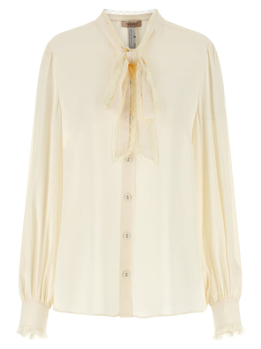 Blouse by Twinset for women in viscose crepe lace & metal white showcases a sleek silhouette, elegantly detailed with a sleek and for a sleek finish.