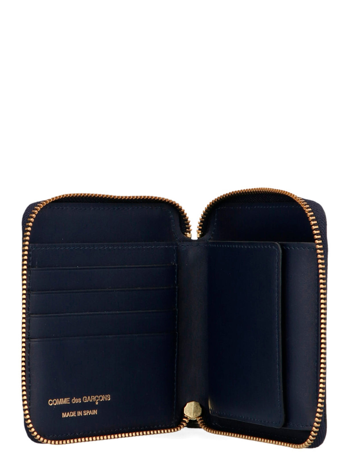 Wallet by Comme Des Garçons for men in calfskin leather blue presents a refined silhouette, artfully capturing the essence of the Arecalf Calfskin Leather Wallet design with sophisticated zip-around for a refined look.