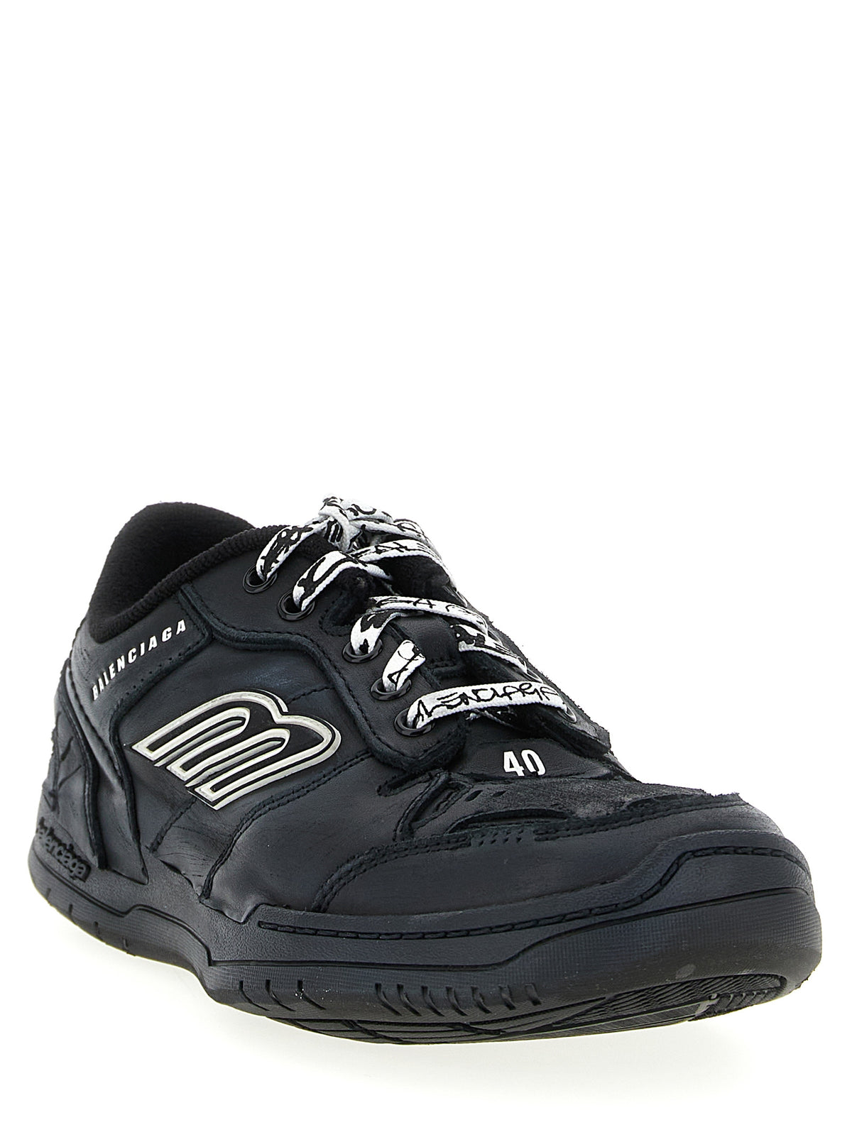 Athletic Sneakers by Balenciaga for men in polyester & cowhide leather black & patterned features an exquisite silhouette, showcasing the premium athletic style of the Icon Men's Athletic Polyester & Cowhide Leather Sneakers with an exquisite finish.