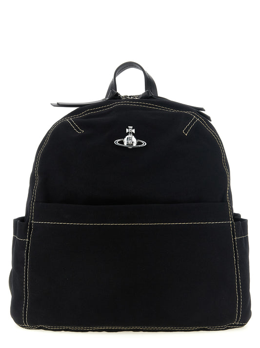 Medium Backpack by Vivienne Westwood for women in cotton canvas black & silver features a utilitarian chic Cotton Canvas Medium Backpack design with a secure buckle, ample , and versatile handle, backpack-strap & adjustable-strap for a utilitarian chic finish.