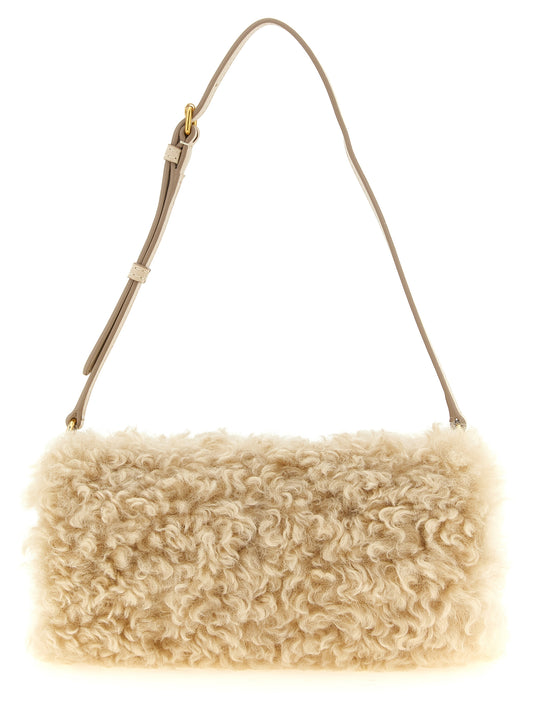 Clutch Handbag by Stella McCartney for women in metal plush & polyester beige & gold features a sculptural silhouette with a secure , ample , and versatile adjustable-strap & handle for a sculptural finish.