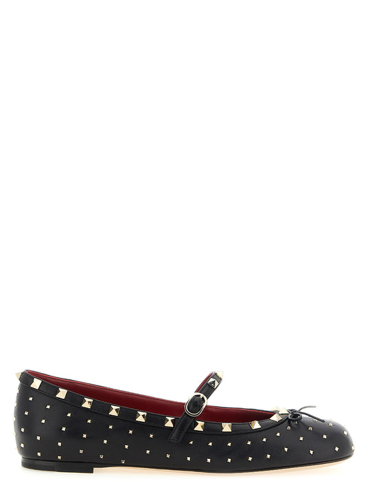 Ballet Mary-Jane Flat Shoes by Valentino Garavani for women in lambskin leather black, gold & red presents a impeccable silhouette as Rockstud Women's Lambskin Leather Ballet Mary-Jane Flat Shoes, artfully designed with a and a impeccable for a refined, upscale finish.