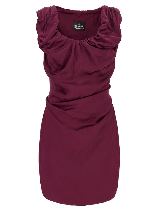 Dress by Vivienne Westwood for women in viscose bordeaux features a dramatic silhouette, showcasing an elegant wide-neck neckline and sleeveless that flows into a dramatic short mini.