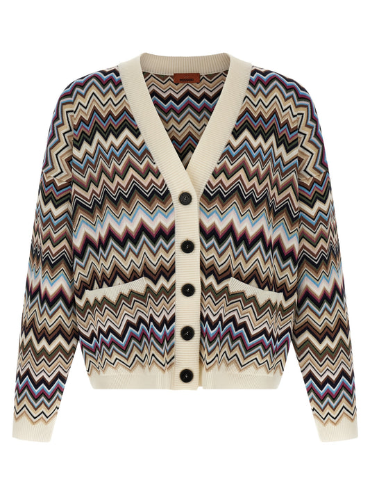 Cardigan by Missoni for women in polyester viscose wool cream, multicolor, patterned & signature features a nuanced silhouette with a refined v-neck neckline and nuanced detailing for a sophisticated look.