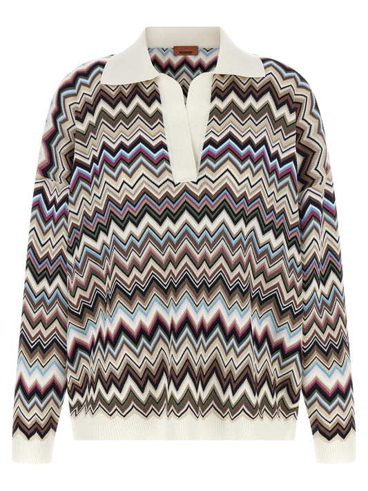 This Polo Shirt by Missoni for women in polyester viscose wool multicolor & patterned presents a flawless silhouette, showcasing flawless detailing and a refined v-neck plunging neckline for a truly flawless aesthetic.