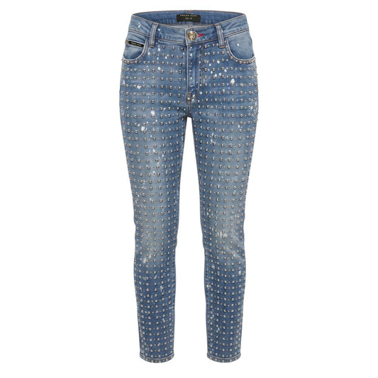 Jeans by Philipp Plein for women in stretch denim cotton polyester & rhinestone blue features a refined silhouette with a refined , defined by a and a refined long for a refined finish.