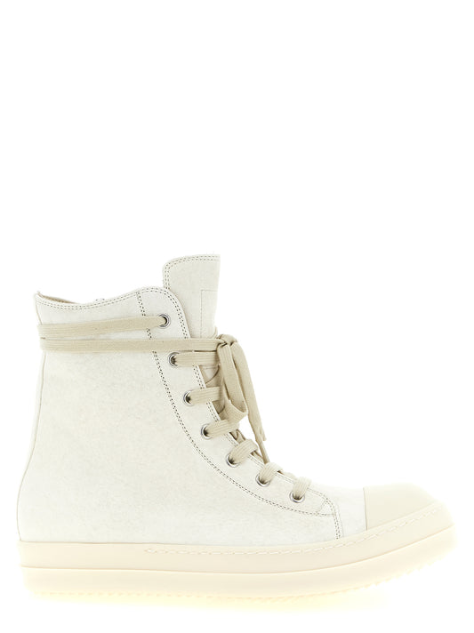 Sneakers by Rick Owens for men in nappa lamb leather & rubber white presents a sumptuous silhouette, artfully capturing the essence of the Men's High Top Nappa Lamb Leather & Rubber Sneakers with its sumptuous high-top style design.