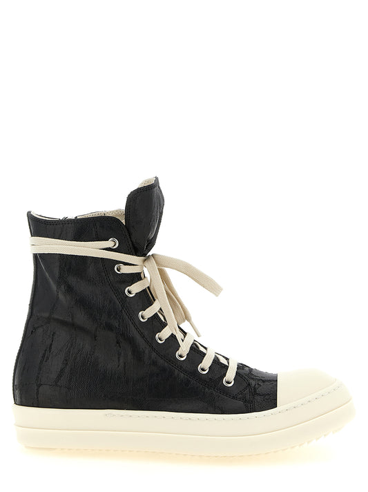 Sneakers by DRKSHDW for men in denim cotton black features a chic design, perfectly showcasing the chic high-top chunky style of this Men's High Top Chunky Denim Cotton Sneakers.