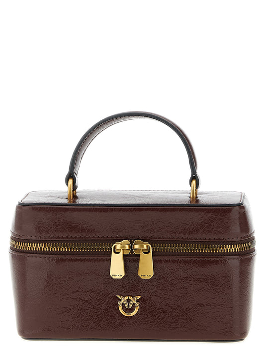 Mini Crossbody Vanity Handbag by PINKO for women in calfskin leather bordeaux & gold features a multifaceted silhouette, showcasing a secure zipper and multifaceted with versatile crossbody-strap, handle & adjustable-strap for multifaceted style.