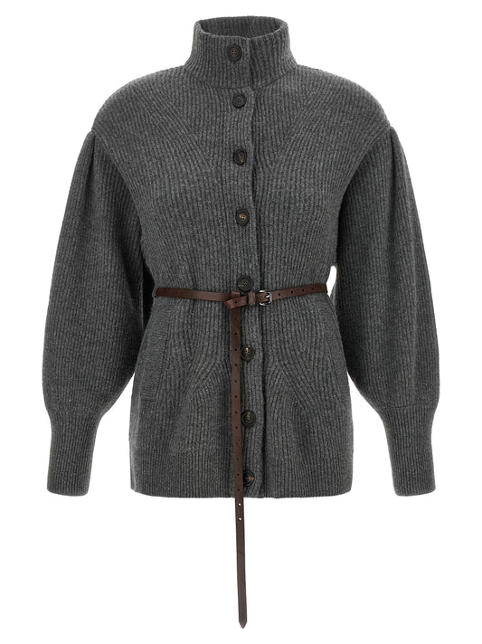 Cardigan by Brunello Cucinelli for women in silk cashmere & leather brown, gray, patterned & chevron features an crisp silhouette, showcasing a sophisticated and detail for a truly crisp finish.
