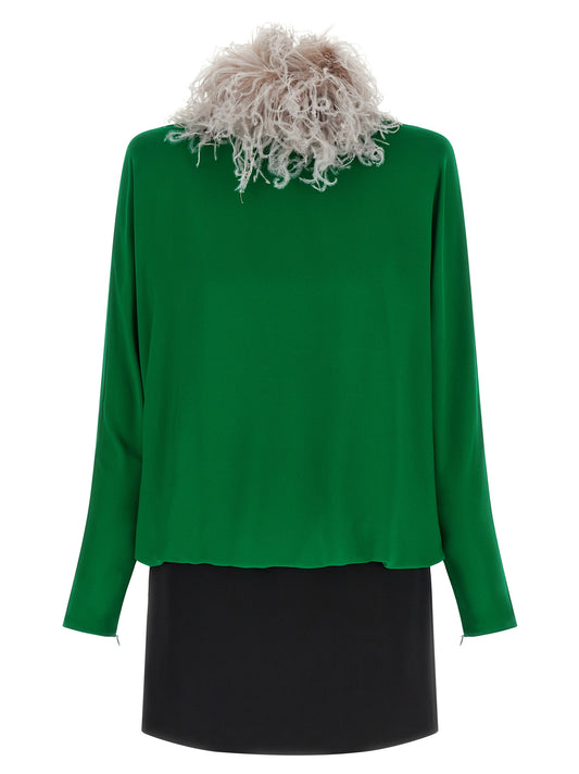Dress by Valentino Garavani for women in silk bicolour, black, emerald & green features a dramatic silhouette, showcasing an elegant split high-neck neckline and that flows into a dramatic short mini.