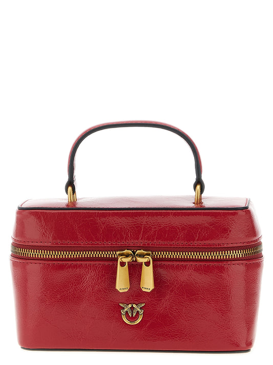 Mini 2-in-1 Shoulder & Crossbody Travel Handbag by PINKO for women in bos taurus calfskin leather gold & red features an multi-faceted design with a secure , ample , and versatile crossbody-strap, shoulder-strap, handle & detachable-strap for a multi-faceted finish.