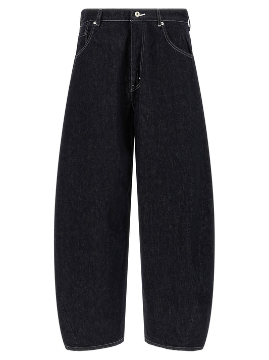 Jeans by Comme Des Garçons for men in denim cotton dark-blue, silver & white presents a refined pantology silhouette, artfully defined by a refined pantology wide, long, and a sophisticated .