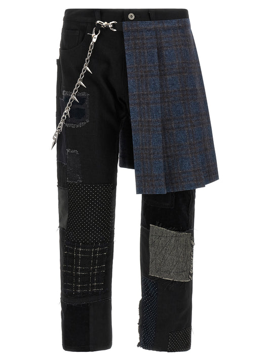 Jeans by Junya Watanabe for men in canvas cotton denim & polyurethane black, blue, silver, tartan & patchwork features an sophisticated and straight-leg with a precise long, creating a sophisticated and sophisticated silhouette.