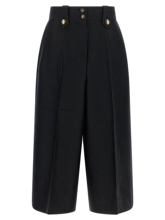 Trousers by Zimmermann for women in metal silk & wool black, gold & signature features a artisanal silhouette, showcasing a sophisticated wide & cropped with a cropped and high rise for a artisanal finish.