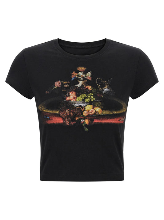 T-Shirt by Vivienne Westwood for women in cotton black & print showcases a unassuming silhouette, artfully detailed with a refined crew neckline and unassuming short-sleeve for a sophisticated, contemporary look.