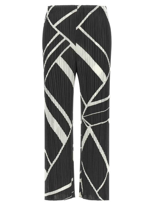 Casual Pants by PLEATS PLEASE ISSEY MIYAKE for women in polyester gray & print presents a tailored silhouette, showcasing a tailored wide and long cut with a refined for a truly tailored aesthetic.