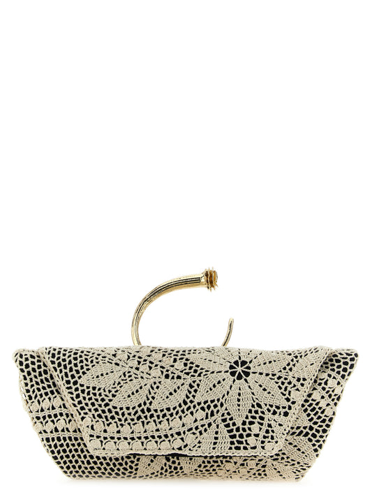 Shoulder Drawstring Clutch Handbag by Magda Butrym for women in cotton metal & silk bicolour, black, white & floral features a statuesque silhouette, showcasing a secure and organized with versatile handle for statuesque evening wear.