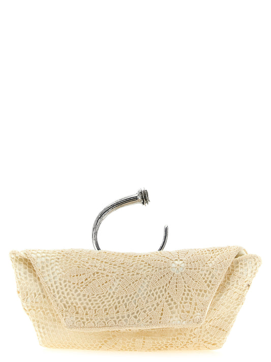 Clutch Handbag by Magda Butrym for women in cotton metal satin & silk cream, silver, white & patterned features a statuesque silhouette, showcasing a secure and organized with versatile handle for statuesque evening wear.