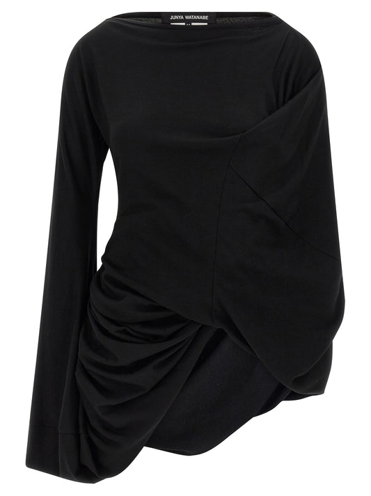 Blouse by Junya Watanabe for women in wool black features an architectural silhouette with a refined long-sleeve and elegant boat neckline for a architectural look.
