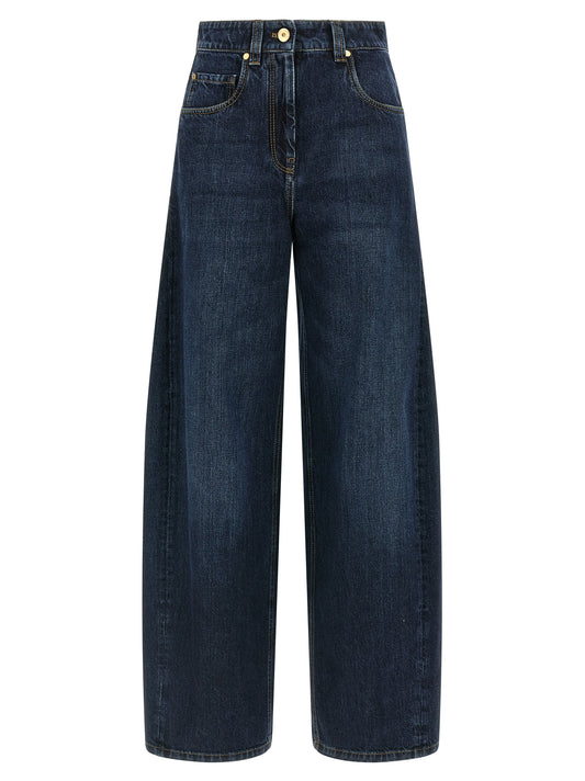 Jeans by Brunello Cucinelli for women in cotton denim blue presents a tailored silhouette, showcasing a tailored wide and long cut with a refined mid rise for a truly tailored aesthetic.