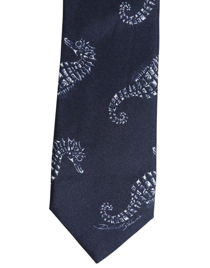 Dolce & Gabbana Dark Blue Silk Seahorse Print Adjustable Tied Necktie Tie
