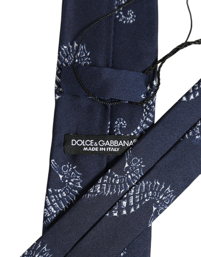 Dolce & Gabbana Dark Blue Silk Seahorse Print Adjustable Tied Necktie Tie