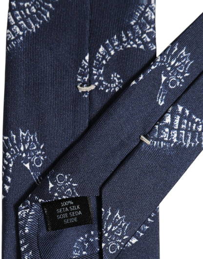 Dolce & Gabbana Dark Blue Silk Seahorse Print Adjustable Tied Necktie Tie