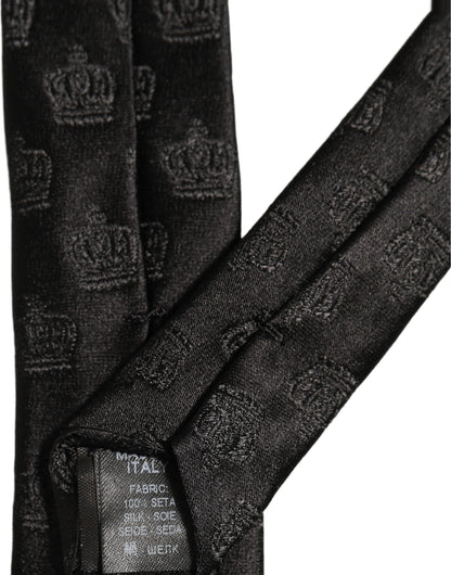 Dolce & Gabbana Men Black Crown Pattern Silk Adjustable Tied Necktie Tie