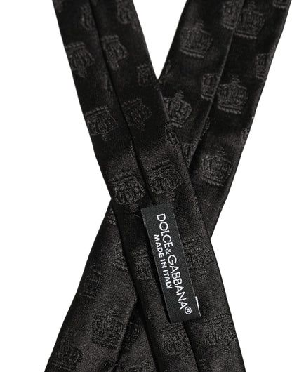 Dolce & Gabbana Men Black Crown Pattern Silk Adjustable Tied Necktie Tie