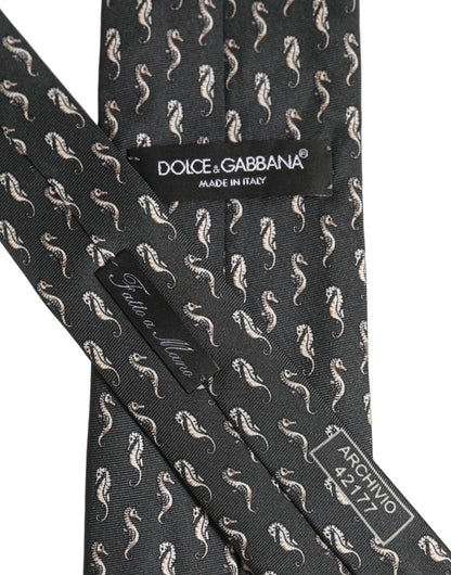 Dolce & Gabbana Men Black Seahorse Silk Adjustable Tied Necktie Tie