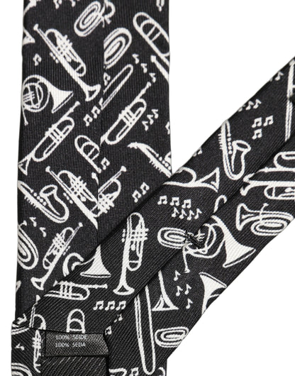Dolce & Gabbana Black Musical Instrument Silk Adjustable Tied Necktie Tie