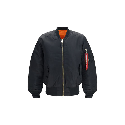 This Bomber Jacket by ALPHA INDUSTRIES for men in leather modacrylic nylon & polyester black & signature exhibits a edgy silhouette, meticulously detailed with functional pockets and a edgy for a edgy finish.
