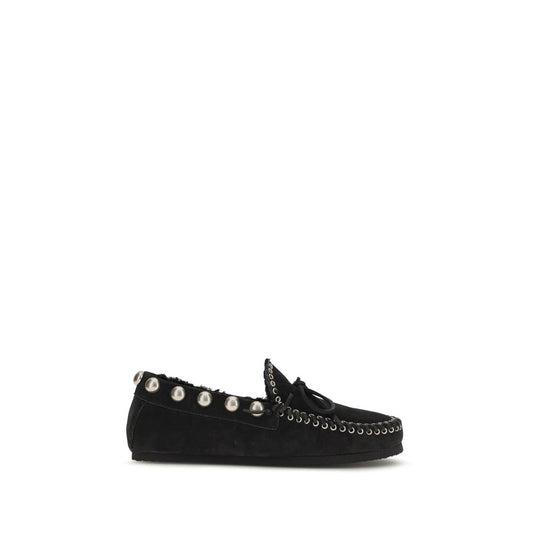 Flat Loafer Slip-On Shoes by Isabel Marant for women in bos taurus suede calf leather black & gold features an dynamic silhouette from the Women's Bos Taurus Suede Calf Leather Flat Loafer Slip-On Shoes collection, defined by a dynamic and flat for a dynamic look.