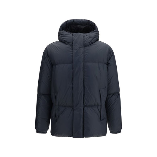 Overcoat by LAMINAR for men in polyamide & goose-down black features an voluminous silhouette, showcasing distinct pockets, hooded & insulated and a voluminous hooded high-collar neckline for a truly voluminous aesthetic.