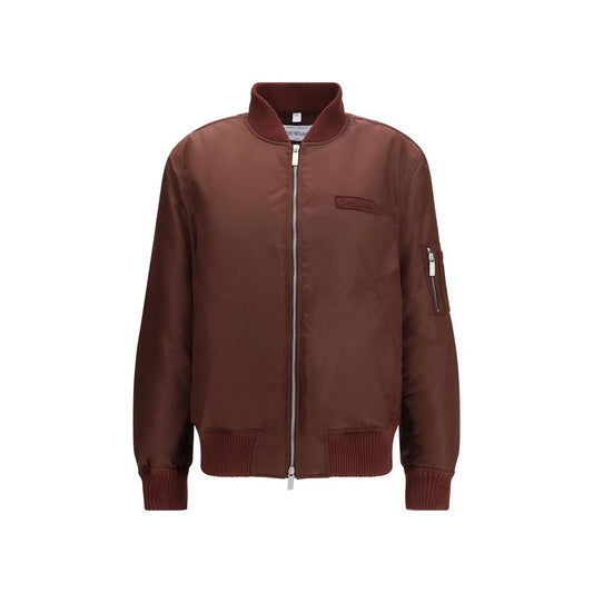 Bomber Jacket by Off-White for women in polyester & nylon bordeaux, white & signature features a dramatic silhouette, showcasing a sophisticated and distinctive pockets for a dramatic aesthetic.