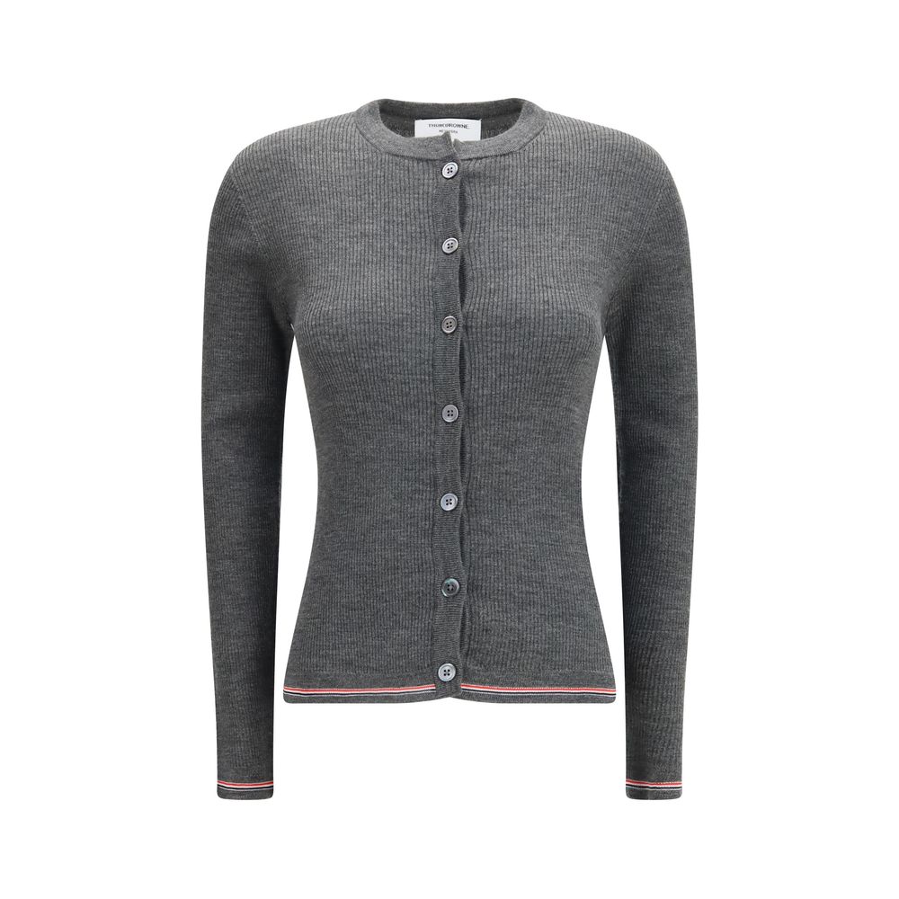 Cardigan by Thom Browne for women in merino wool gray, signature & striped presents a textural silhouette, artfully finished with a textural and for a sophisticated, textural look.