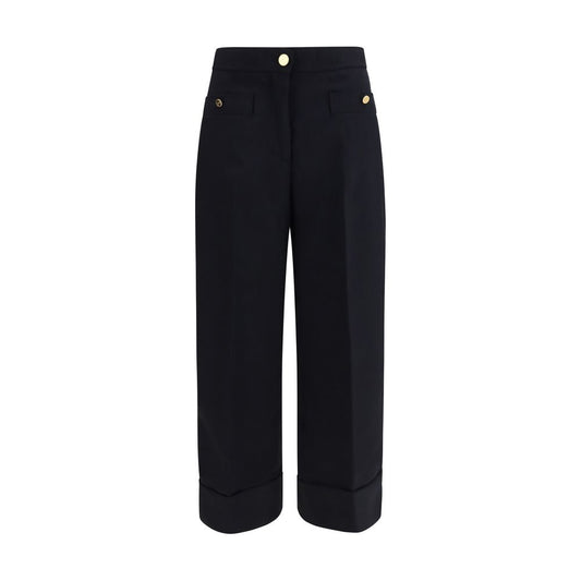 Trousers by Thom Browne for women in wool blue, signature & striped features an sartorial silhouette, showcasing a precise regular-fit & wide and long with a sartorial for a refined look.