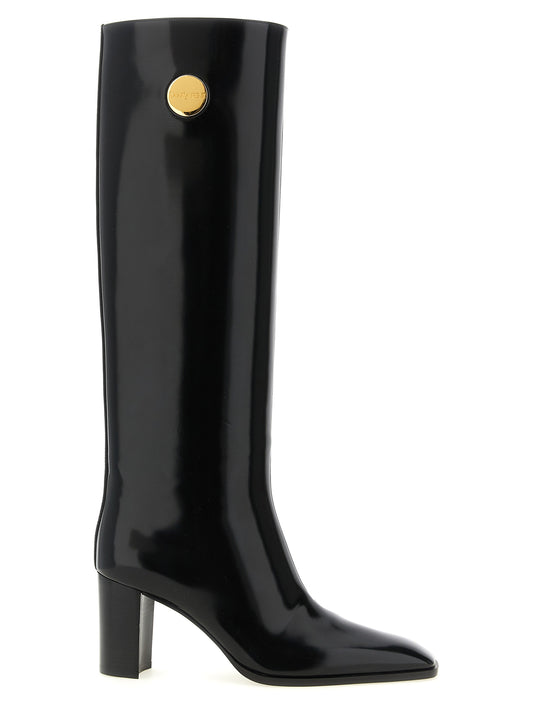 Over-The-Knee Boots by Saint Laurent for women in bos taurus calfskin leather black, gold & signature features an high-performance silhouette, showcasing the sophisticated design of the Louis Women's Bos Taurus Calfskin Leather Over-The-Knee Boots with a block-heel and a refined square toe style.