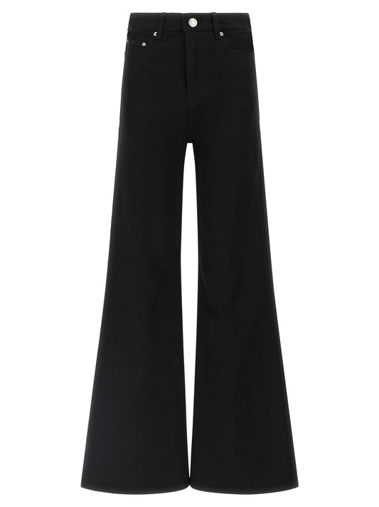 Jeans by Ami Paris for women in denim cotton black, silver & signature presents a refined pantology silhouette, artfully defined by a refined pantology flared, long, and a sophisticated high rise.