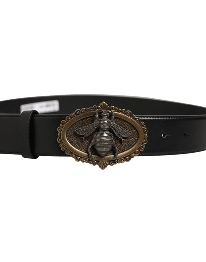 Dolce & Gabbana Black Leather Bee Accent Metal Buckle Belt