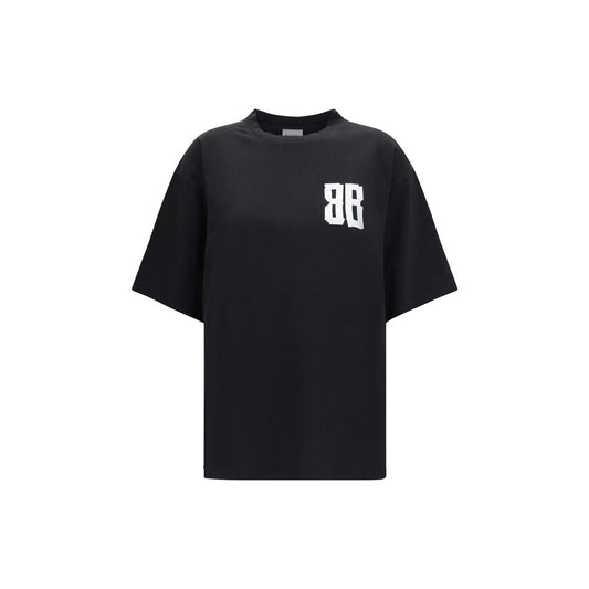 T-Shirt by Balenciaga for women in cotton black, signature & print showcases a fashionable silhouette, elegantly detailed with a fashionable short-sleeve and crew neckline for a sophisticated, high-fashion look.