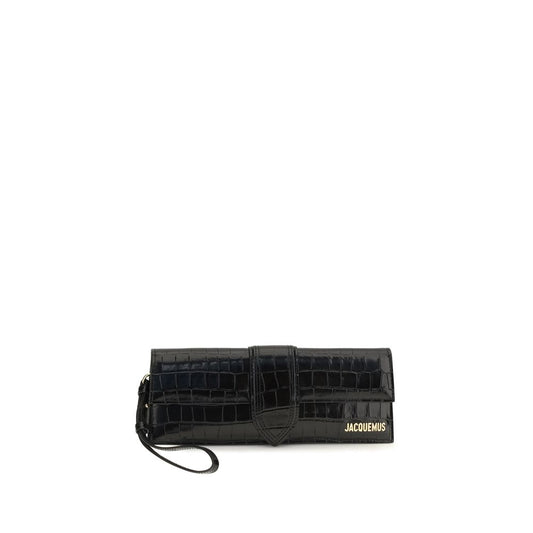 Pouch Clutch Handbag by Jacquemus for women in bos taurus crocodile calf leather black, gold & signature showcases a sculptural silhouette, featuring a secure magnetic, ample , and versatile for a sculptural finish.