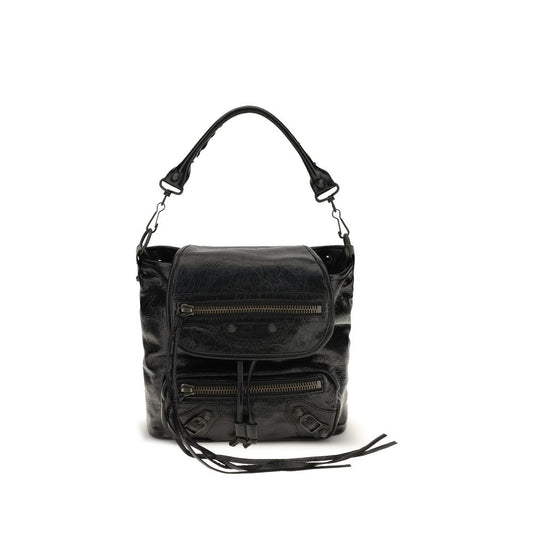 Balenciaga Le City Lambskin Leather & Cotton Canvas Mini Drawstring Flap Backpack - Black