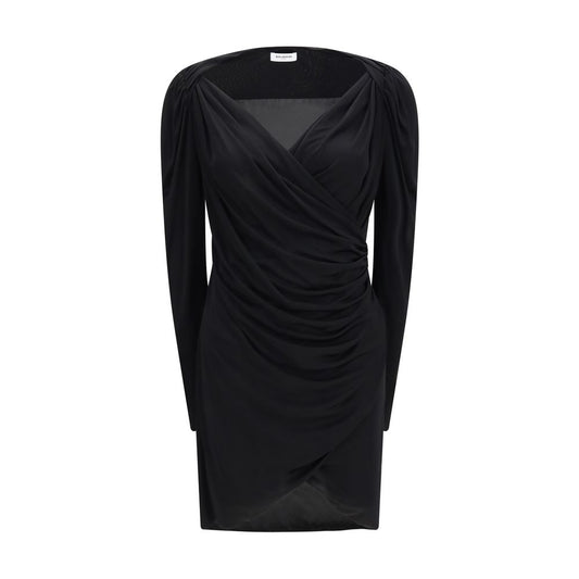 Dress by Balmain for women in viscose black & gold features an eye catching silhouette with a sophisticated wrap neckline, elegant long-sleeve, and a refined short mini for a eye catching aesthetic.