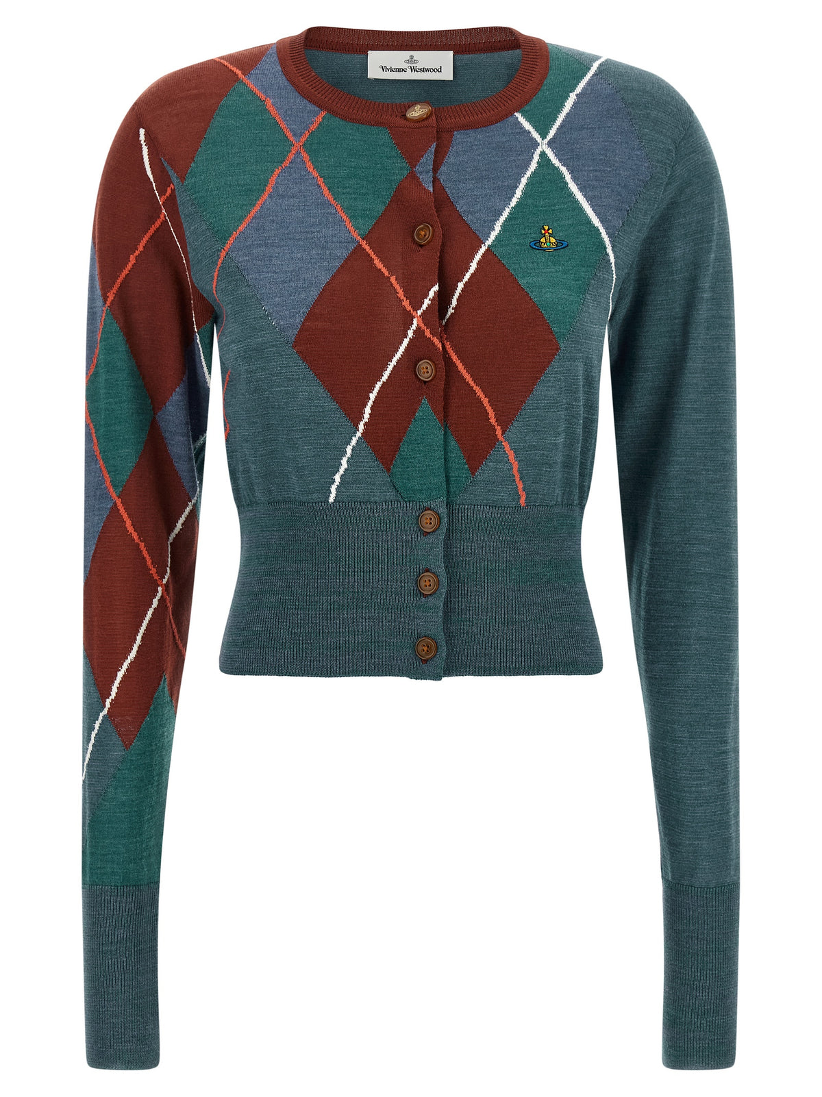Cardigan by Vivienne Westwood for women in wool cotton multicolor, argyle & jacquard presents a textural silhouette, artfully finished with a textural round neckline and for a sophisticated, textural look.